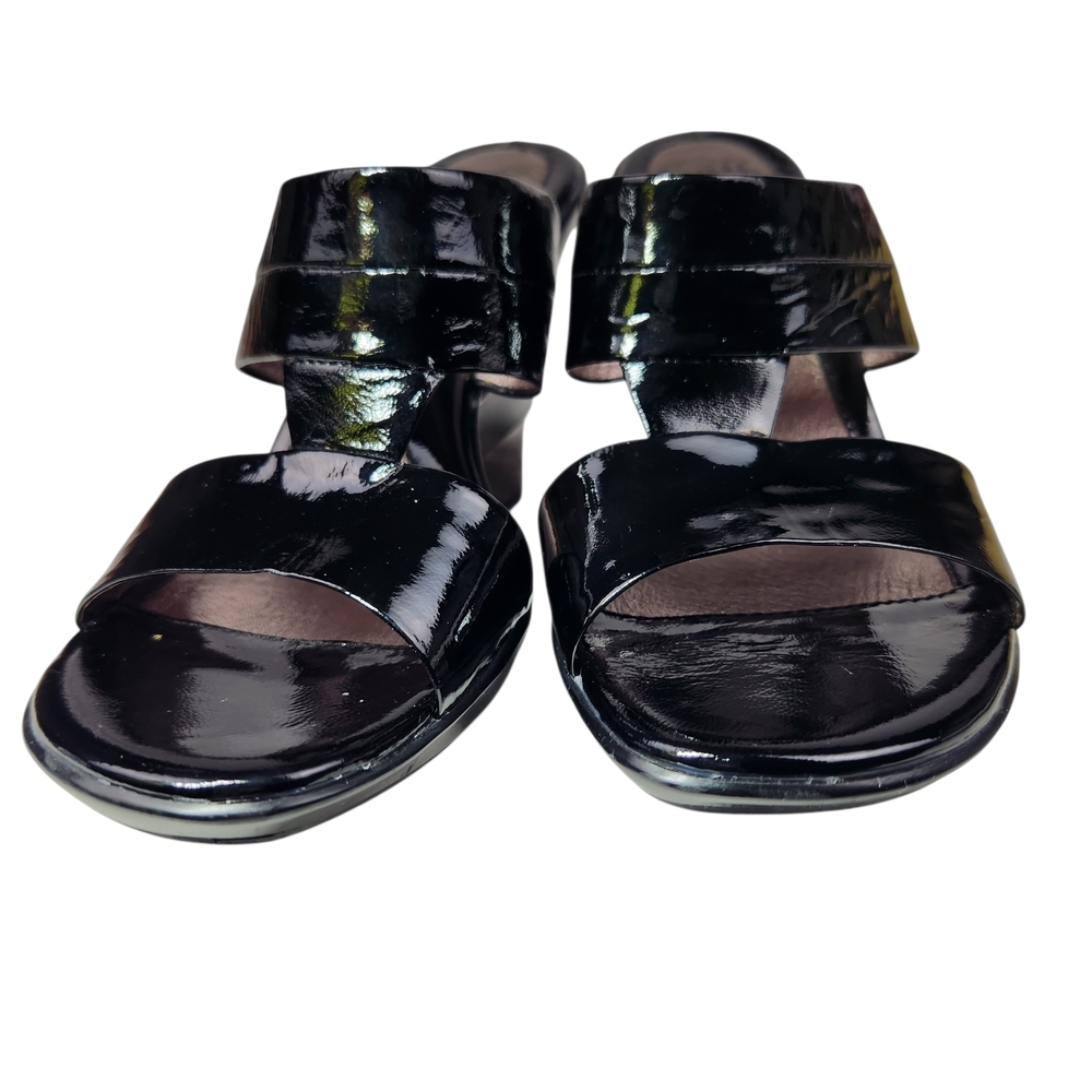 Sofft Black Metallic Silver Patent Leather Women's Wedge Sandals Art Deco 6.5 - Picture 7 of 15